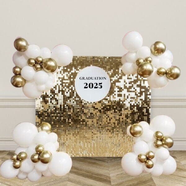 Graduation Shinny Gold Shimmer Backdrop with Balloon Garlands
