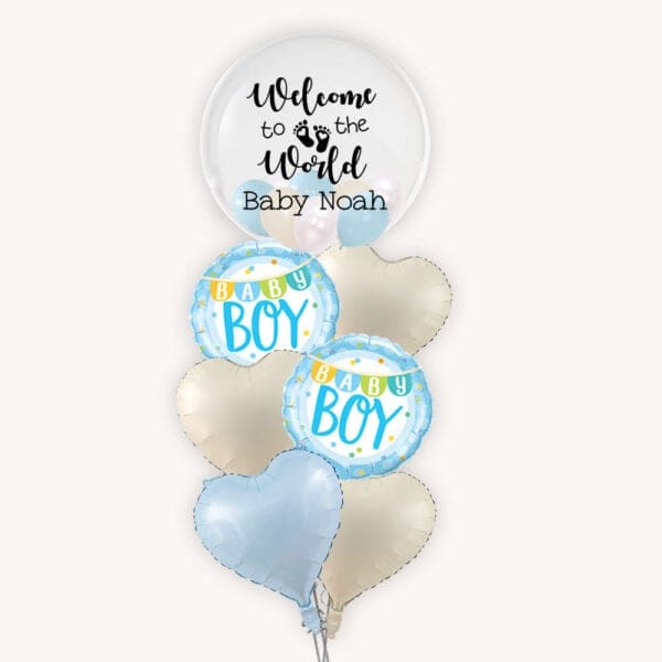 Welcome Baby Boy Bubble Pop Foil Heart Balloon Bouquet