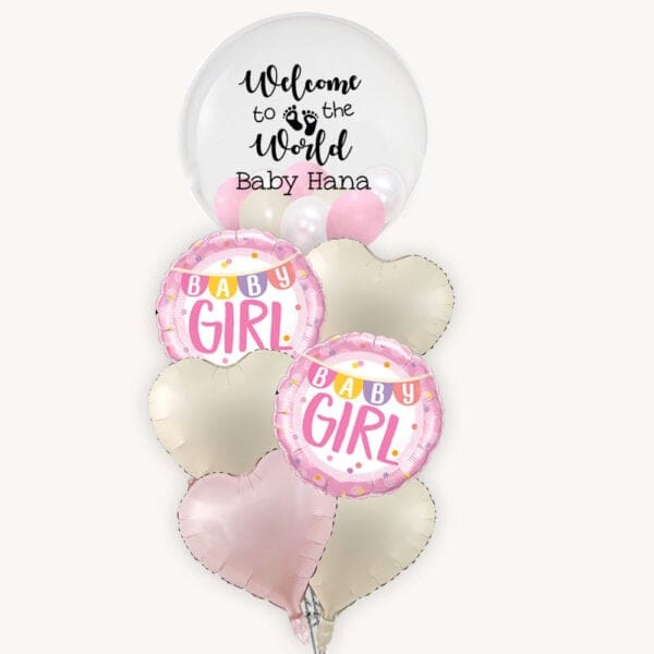 Welcome Baby Girl Bubble Pop Foil Heart Balloon Bouquet